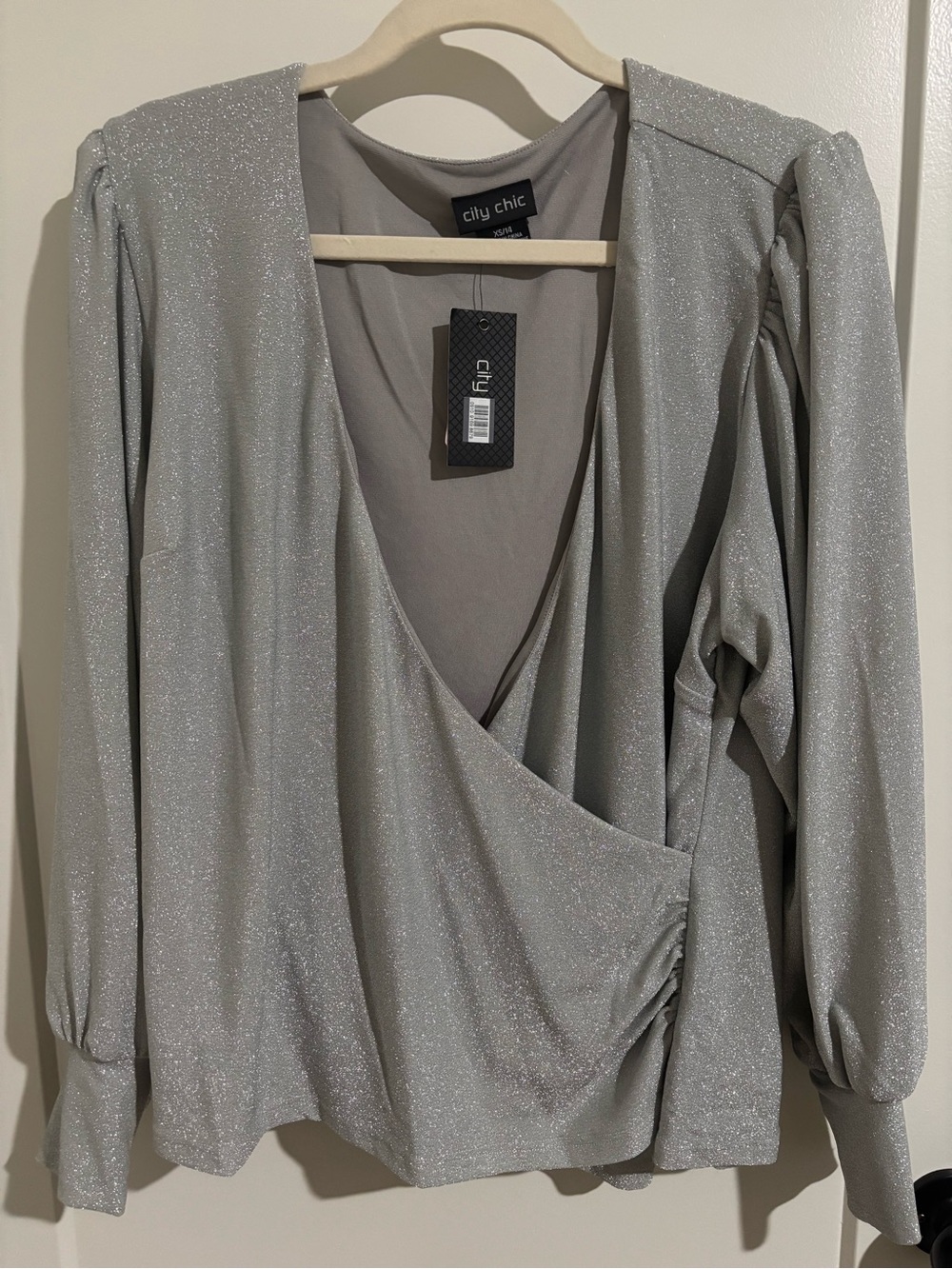 City Chic metallic Silver Shimmer Wrap Blouse